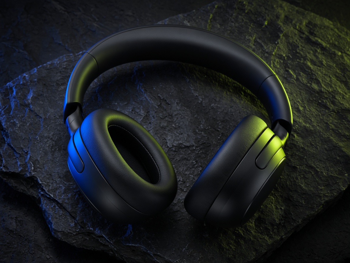 Casque noir de jeu posé sur une surface sombre