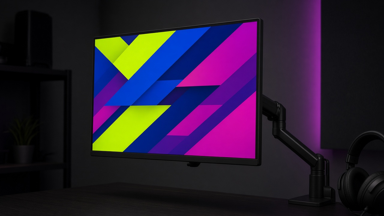Moniteur esport sur bras articulé dans une pièce sombre