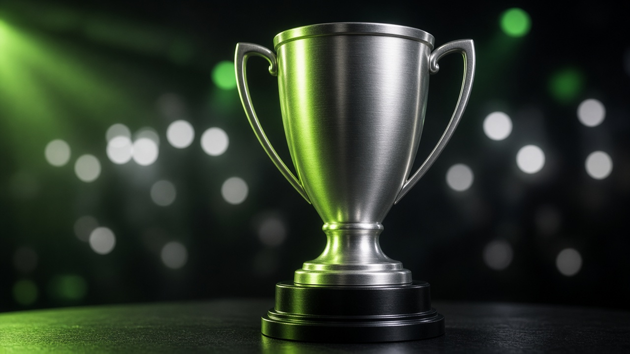 Trophée métallique sous un projecteur vert