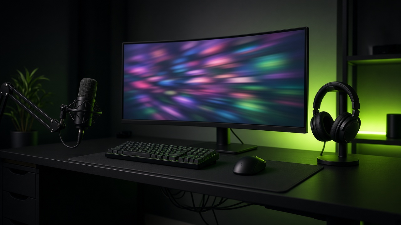 Bureau de joueur professionnel avec écran ultralarge et micro