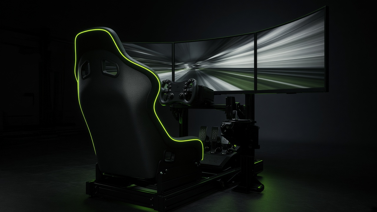 Cockpit de simulation avec volant et trois écrans